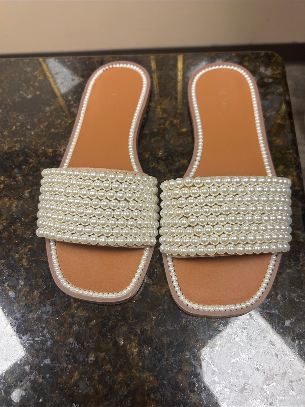 INC International Concepts Pearl-Embellished Tan Slide Sandals